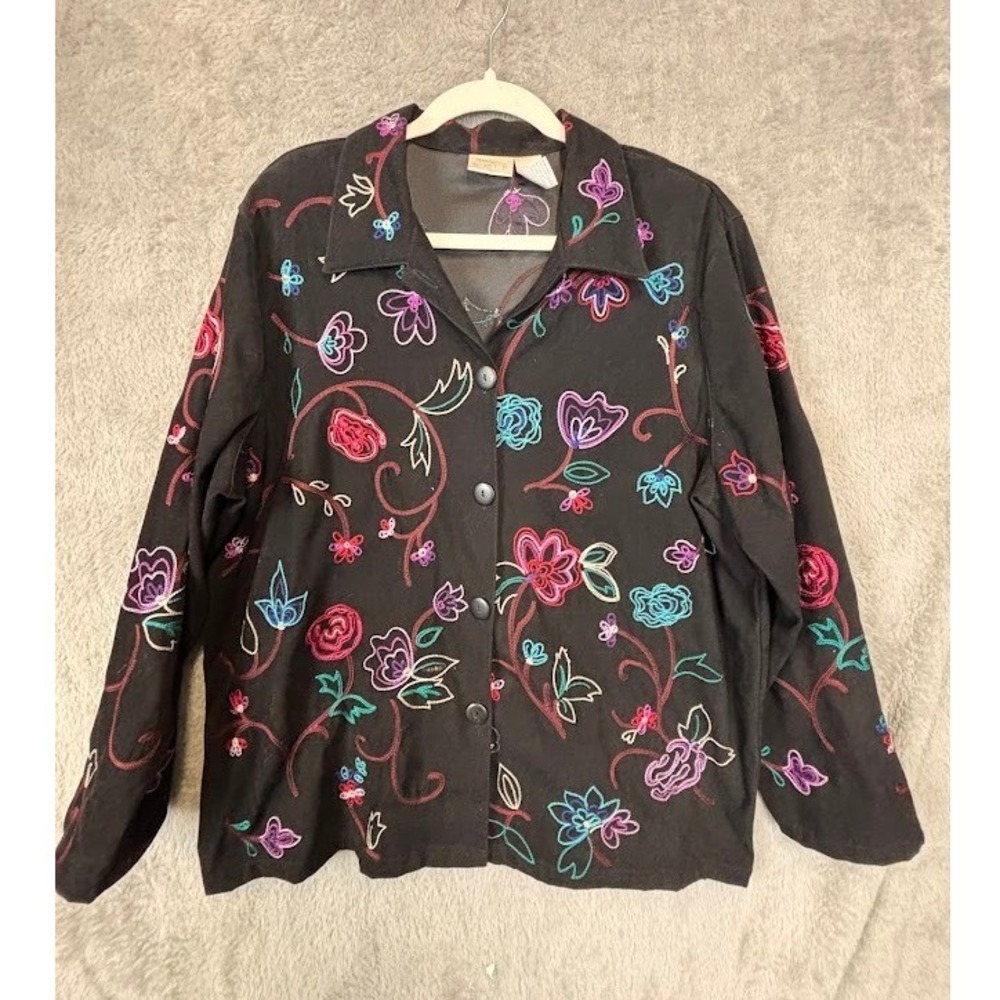 Koret Womens XL Black Floral Embroidered Button Front Jacket Vintage Style